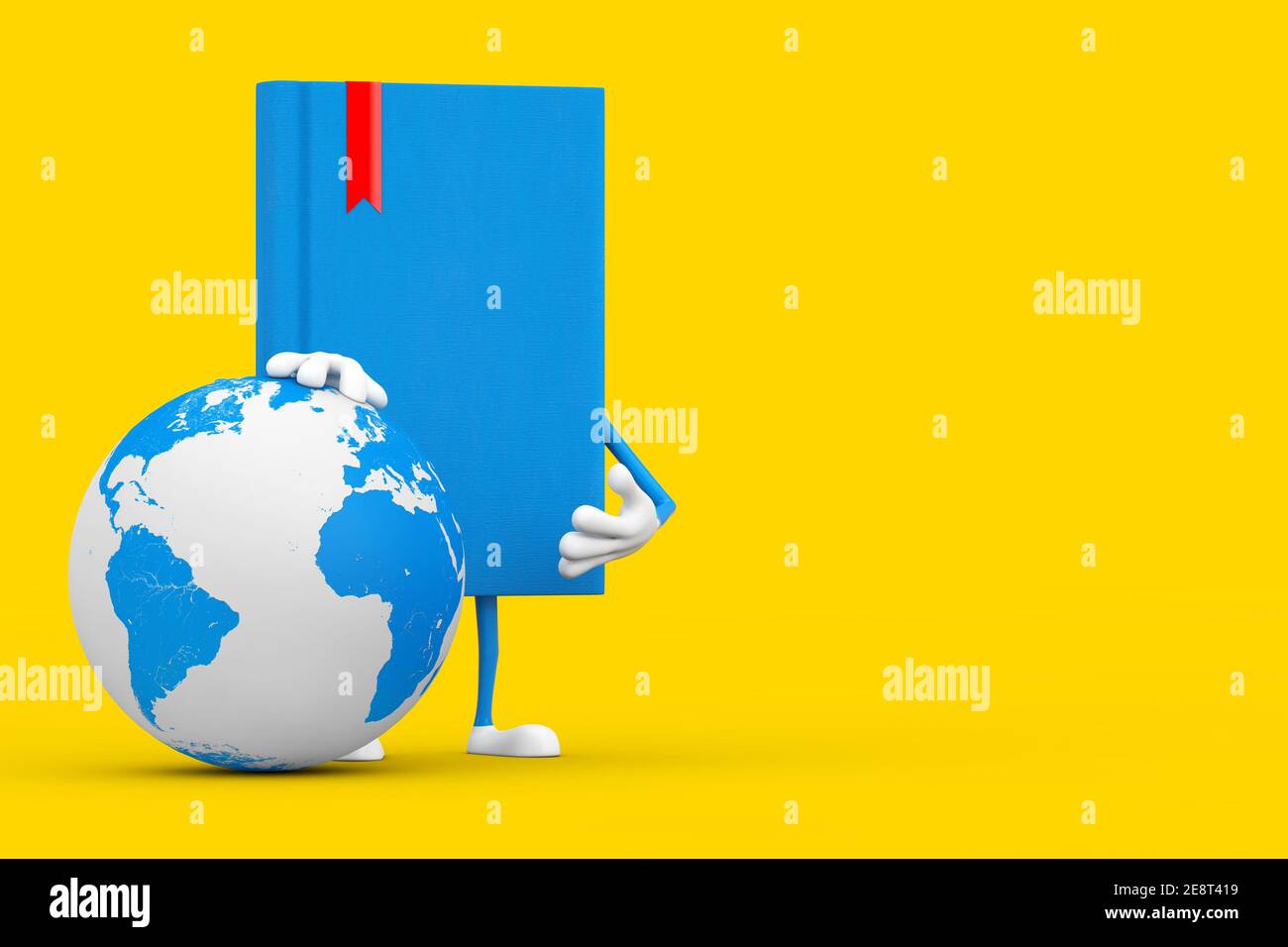 Blue Book Character Mascot with Earth Globe on a yellow background. 3d ...