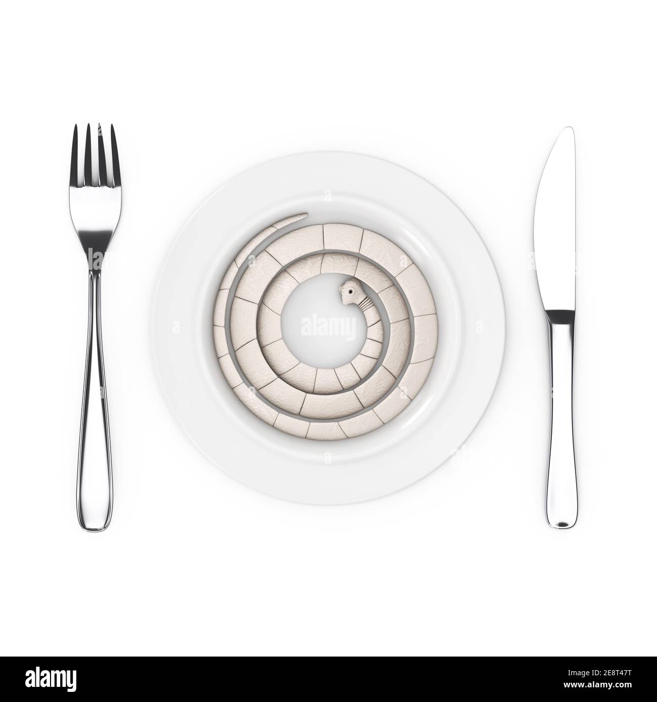 Fork and Knife near Plate with Taenia Solium Tapeworm Closeup Microscopic View on a white background. 3d Rendering Stock Photo