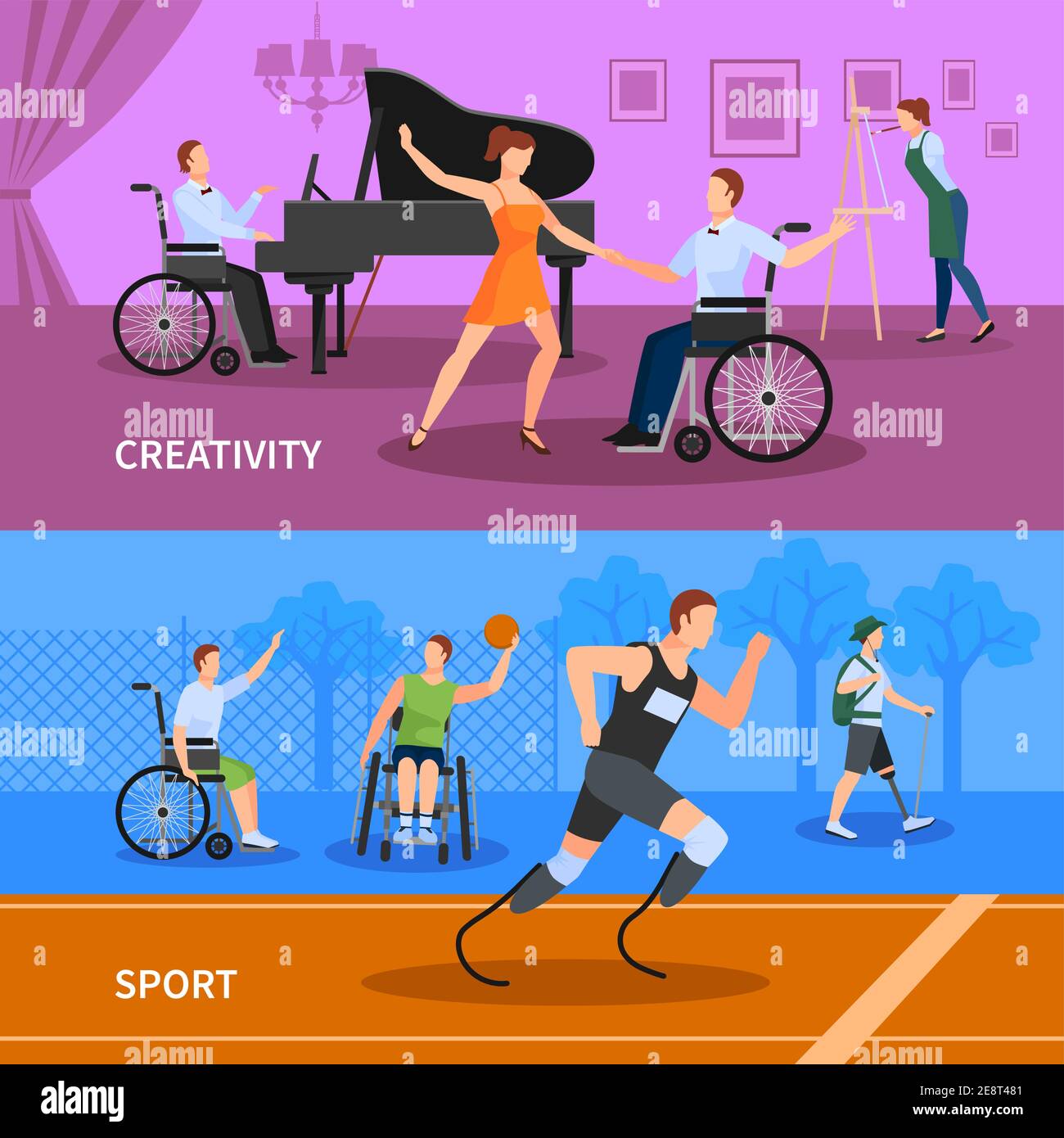 Disabled people practicing sport and leading full creative life 2 flat ...