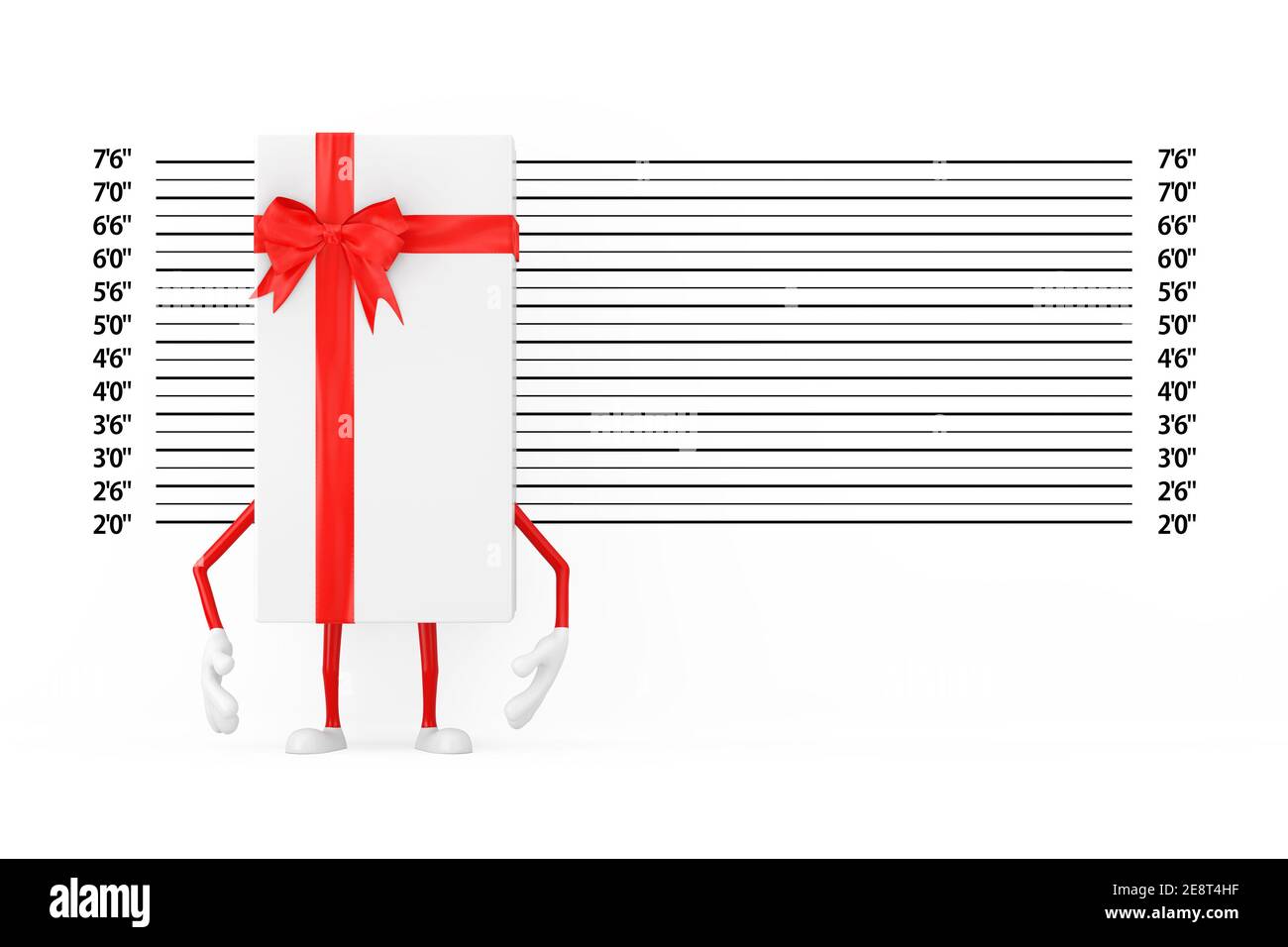 White Gift Box and Red Ribbon Character Mascot in front of Police Lineup or Mugshot Background extreme closeup. 3d Rendering Stock Photo