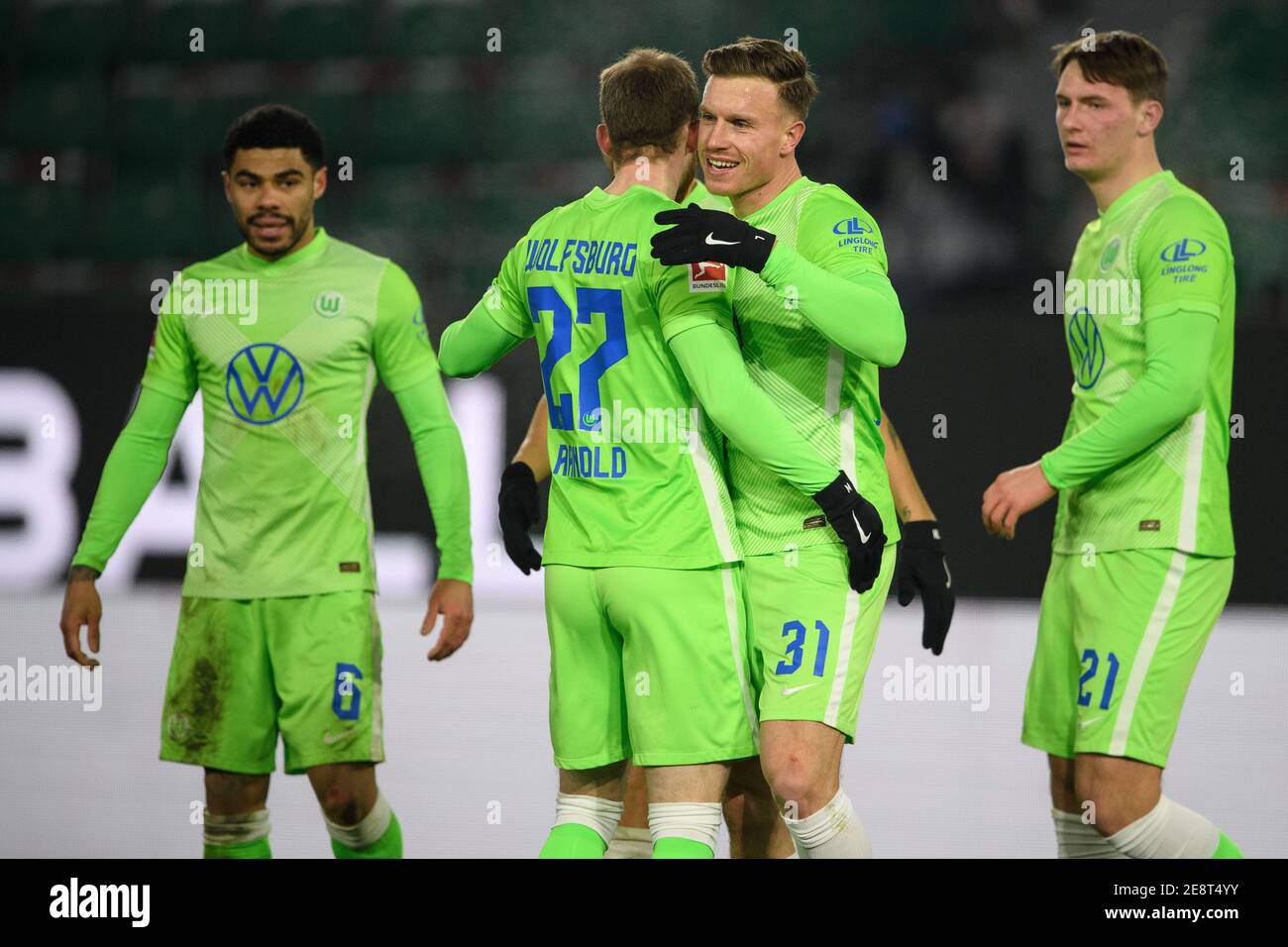 Maximilian Arnold Of Wolfsburg Celebrates After His Goal With Wout Weghorst During The German Championship Bundesliga Football Match Between Vfl Wol C Stock Photo Alamy