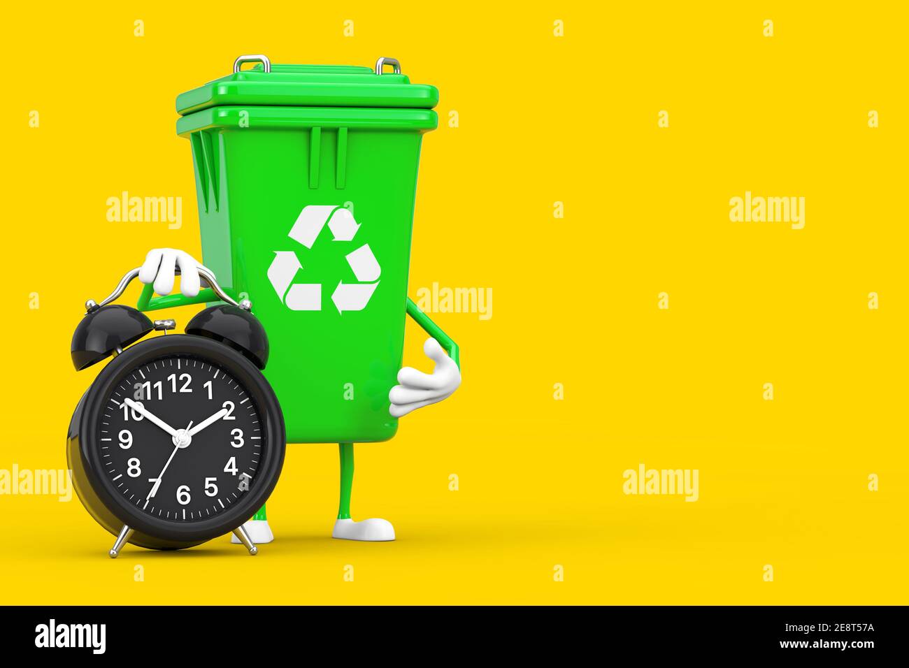 Recycle Sign Green Garbage Trash Bin Character Mascot with Alarm Clock