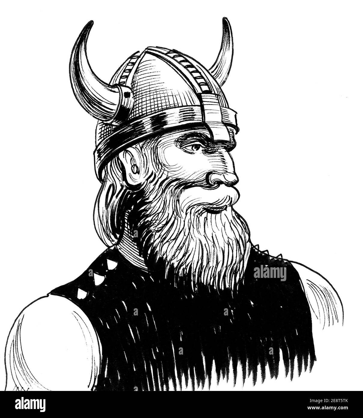 Scandinavian Viking Warrior Ink Black And White Drawing Stock Photo