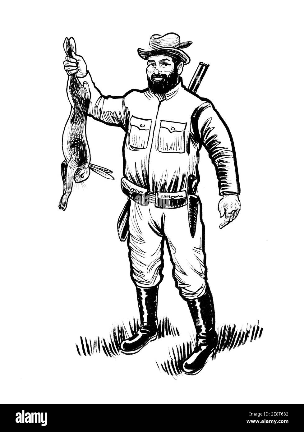 Hunter holding killed rabbit. Ink black and white drawing Stock Photo
