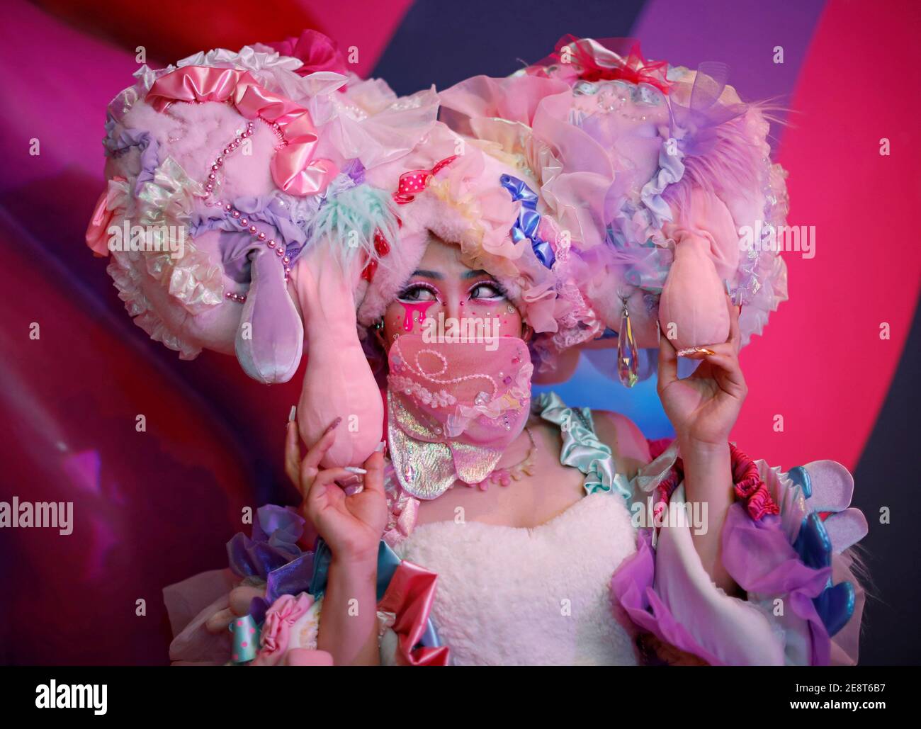 Monster X Ciel An Iconic Harajuku Girl And A Staff Member Of The Cafe Wearing A Face Mask Poses For A Photograph At Kawaii Monster Cafe Amid The Coronavirus Disease Covid 19 Outbreak