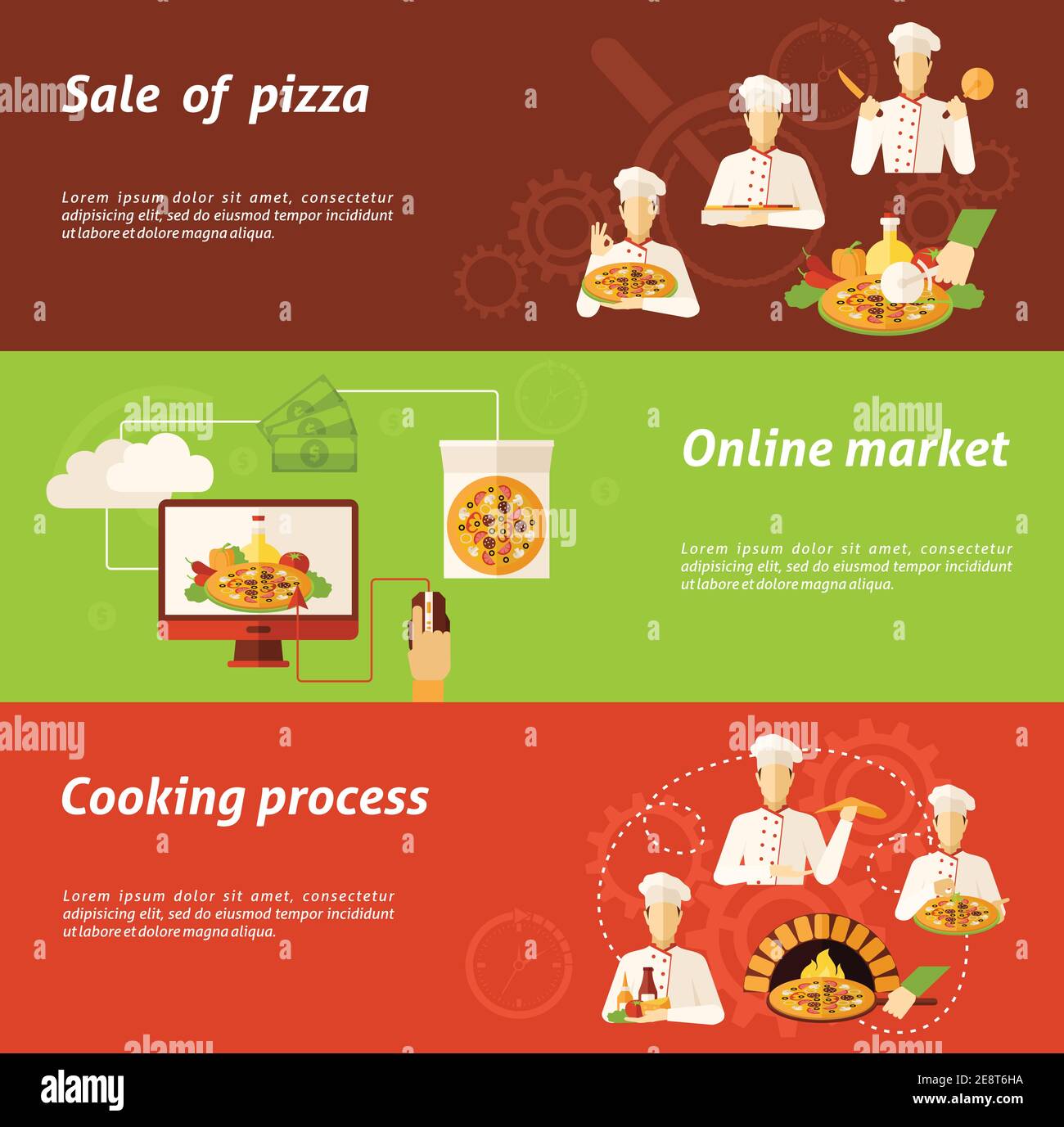 Complex of sale in online market and cooking process of pizza flat horizontal banners isolated vector illustration Stock Vector