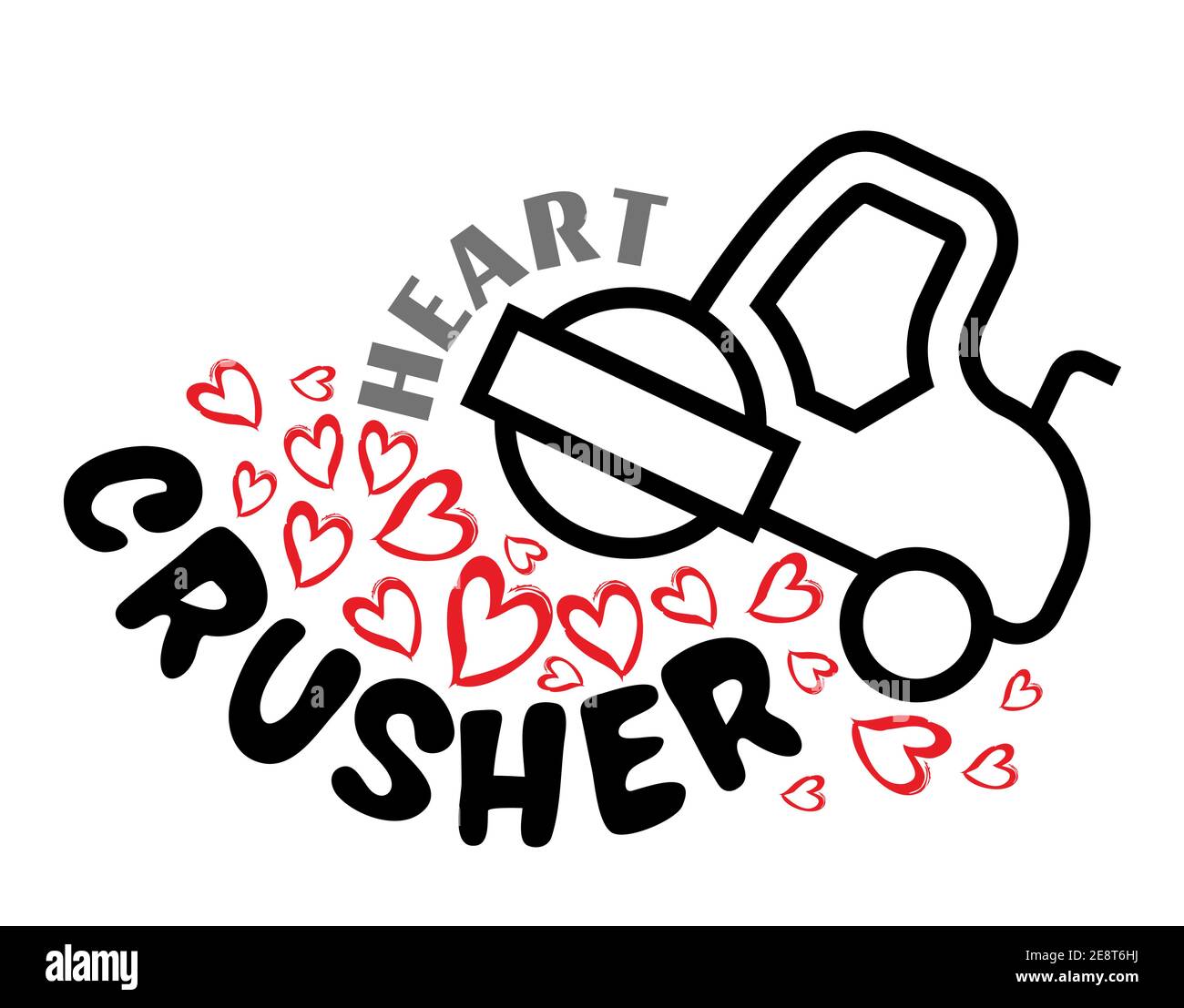 Black road roller crushing heart isolated on white background. Funny