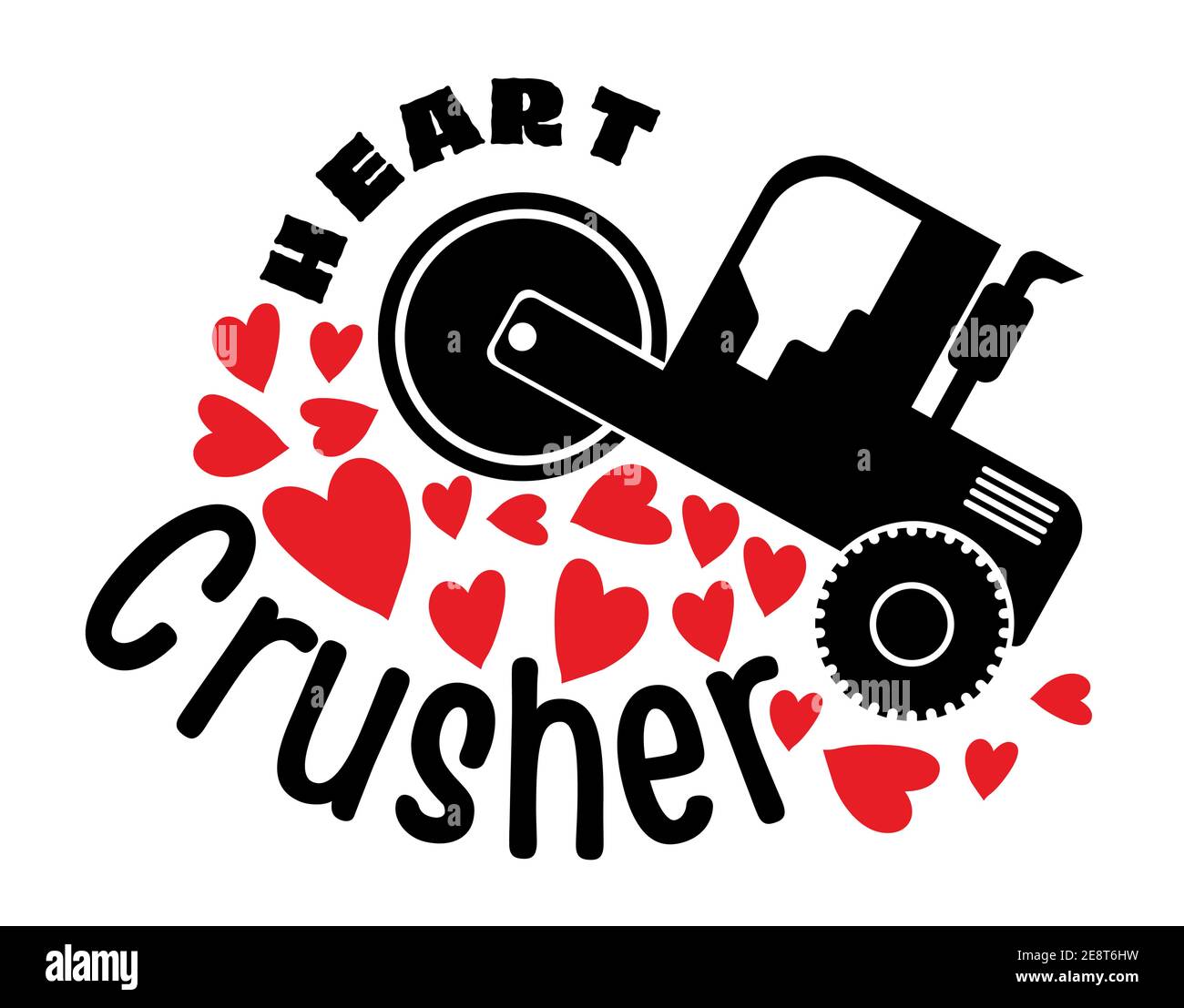 Black road roller crushing heart isolated on white background. Funny