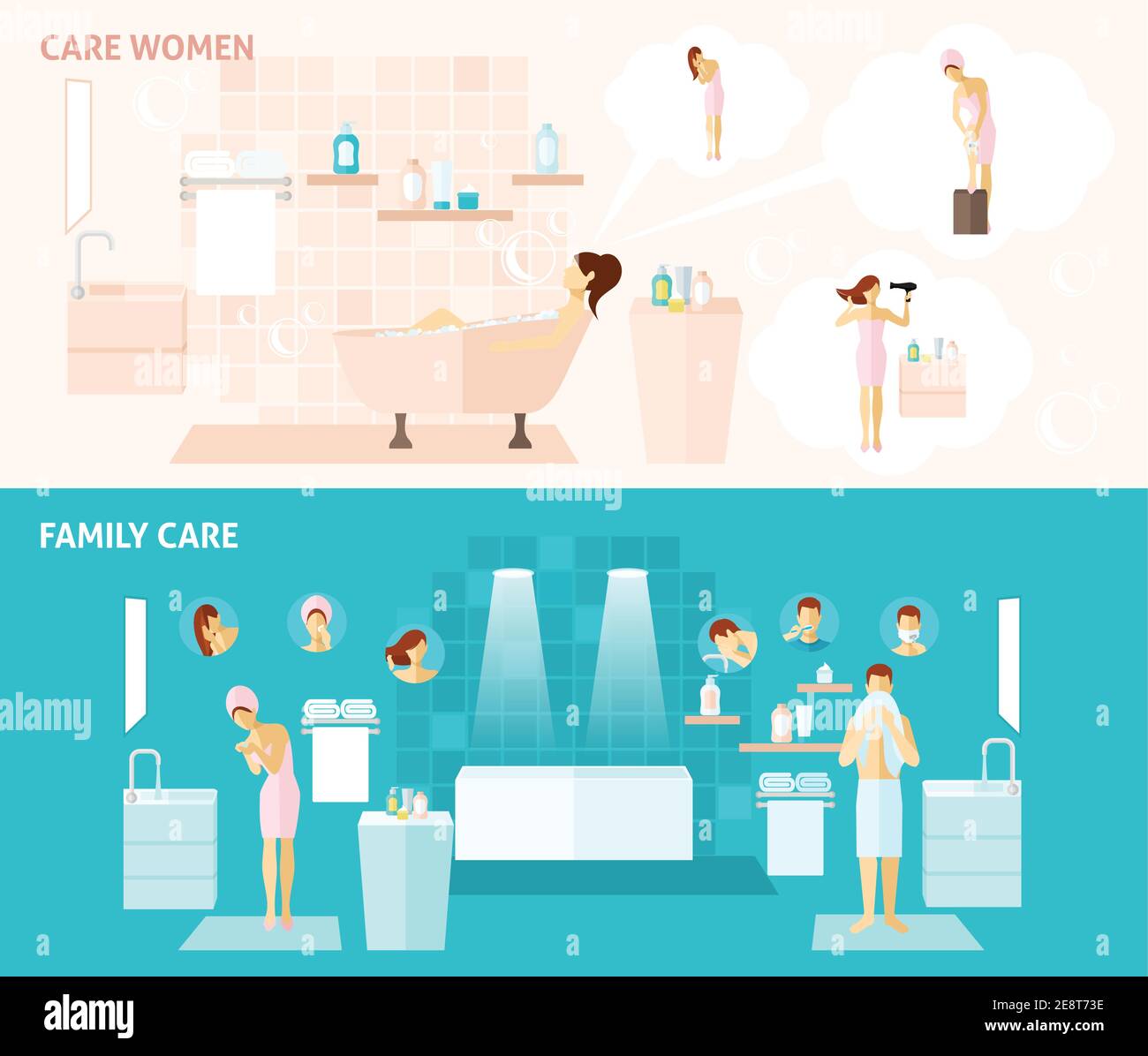 Woman and family hygiene and care flat horizontal banners set vector illustration Stock Vector