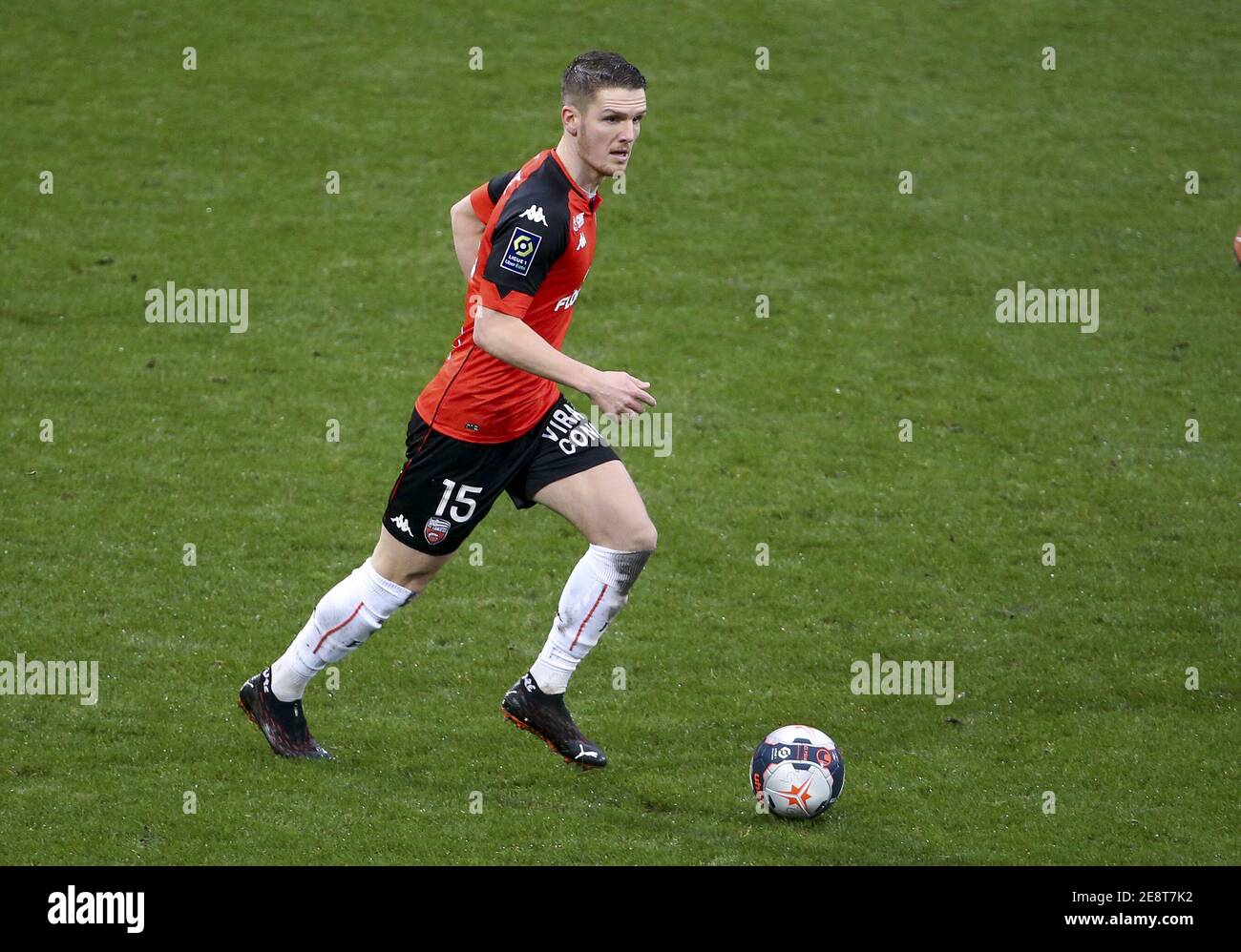 Julien Laporte of Lorient during the French championship Ligue 1 football  match between FC Lorient and Paris Saint-Germain on January 31, 2021 at  Stade du Moustoir - Yves Allainmat in Lorient, France -
