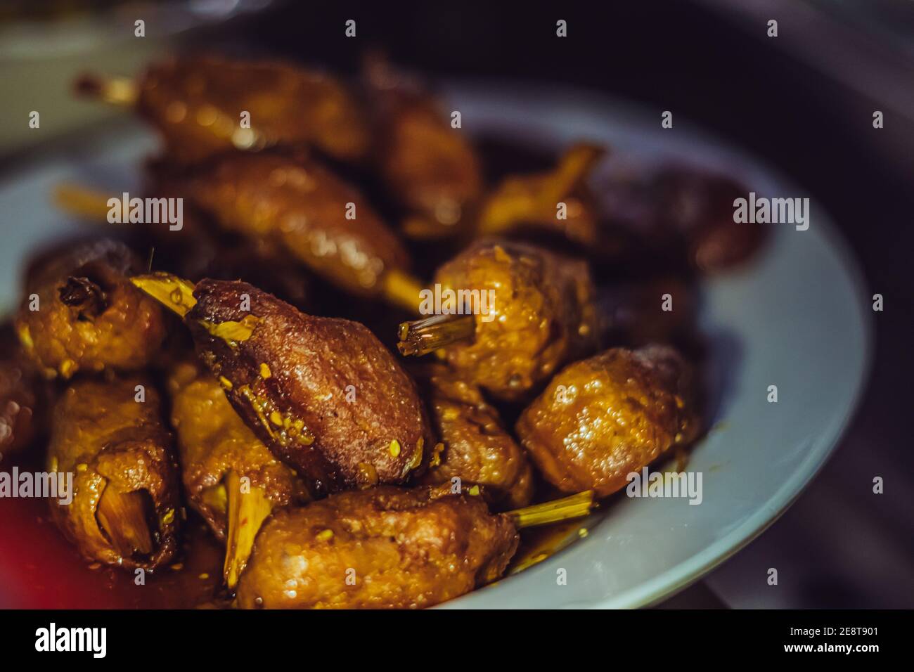 Closeup spicy asia or korean fried in oil soy meat vegan soybean food