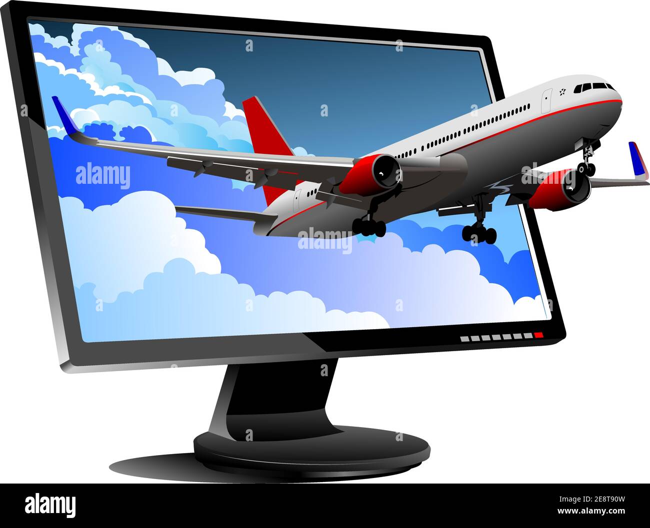 Flat computer monitor with passenger plane. Display. 3d illustration