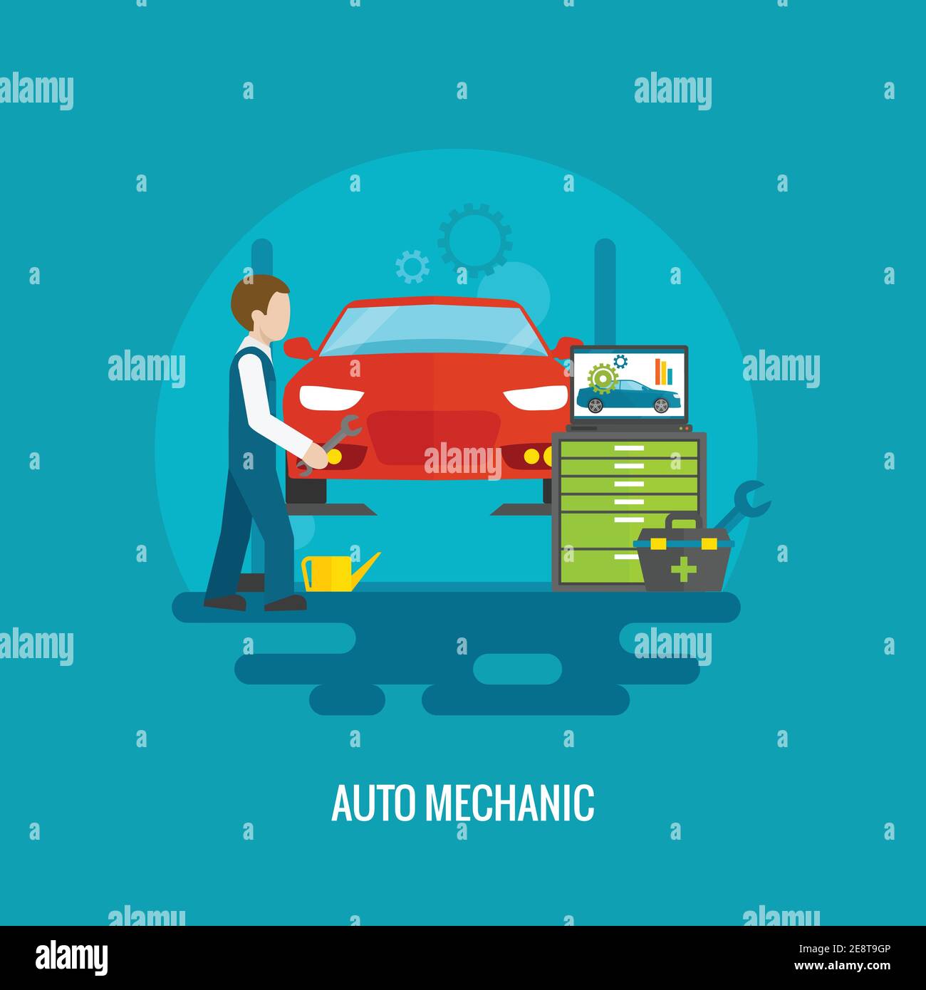 Auto mechanic in repair service center with car and working tools flat