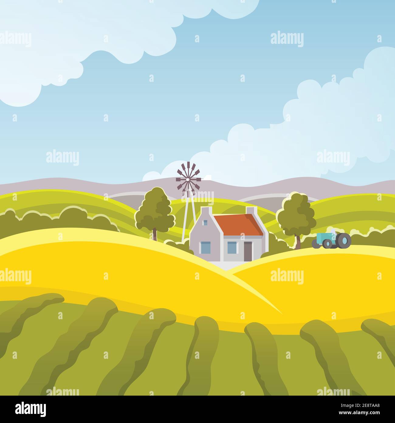 Rural summer landscape with field and village house vector illustration ...
