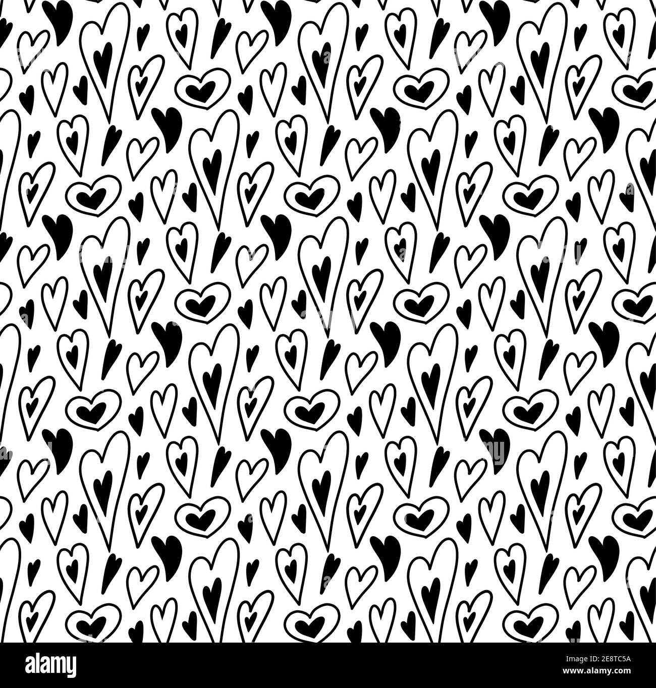 Seamless pattern of small black doodle hearts with on white background. Love texture on Valentines Day holiday. Vector simple festive wallpaper. Funny Stock Vector