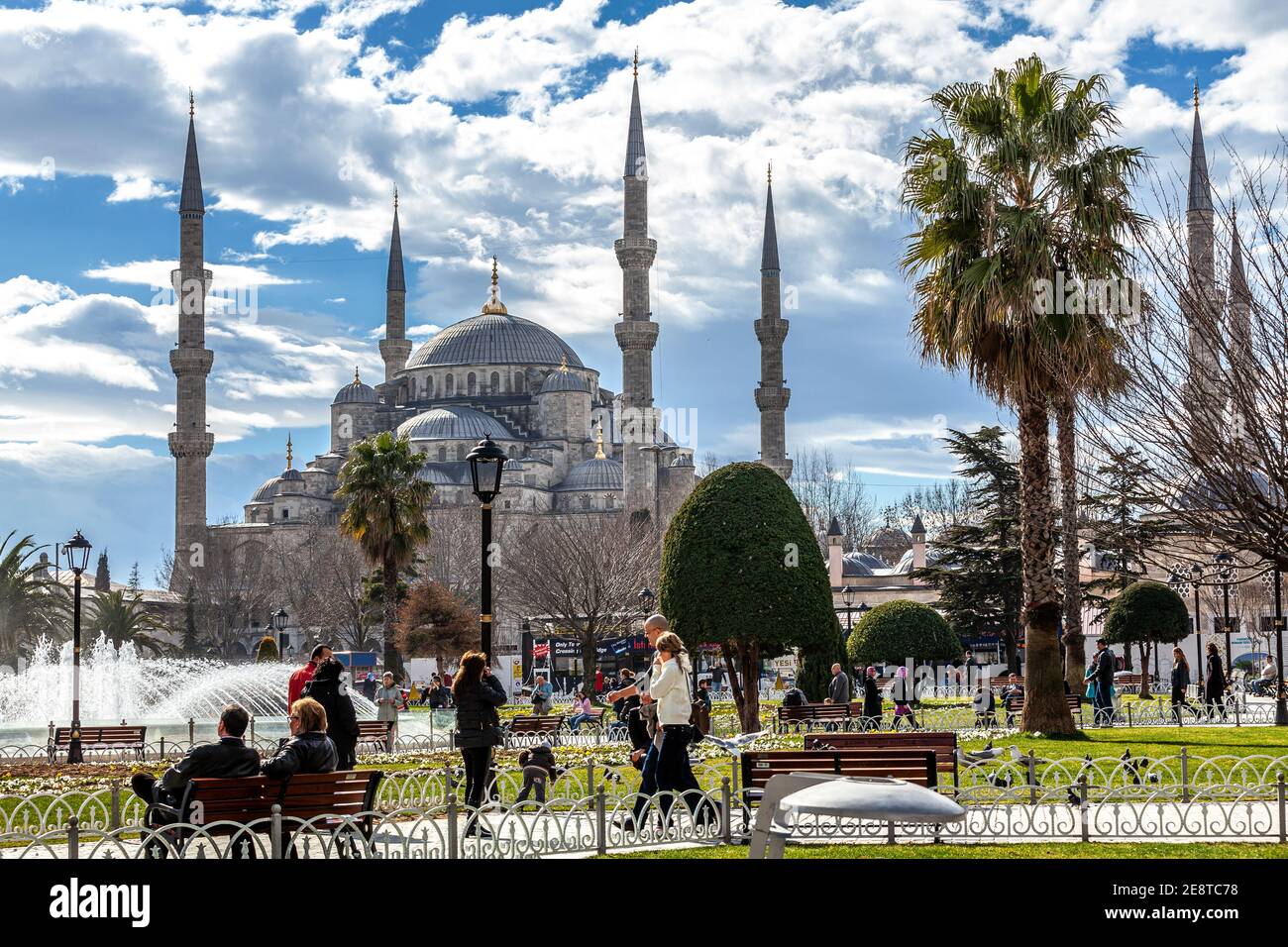 Istanbul, Turkey - 02.07.2013: Blue Mosque (Sultanahmet Mosque) and Park is historic district of Istanbul near the Blue Mosque and Hagia Sophia Mosque Stock Photo