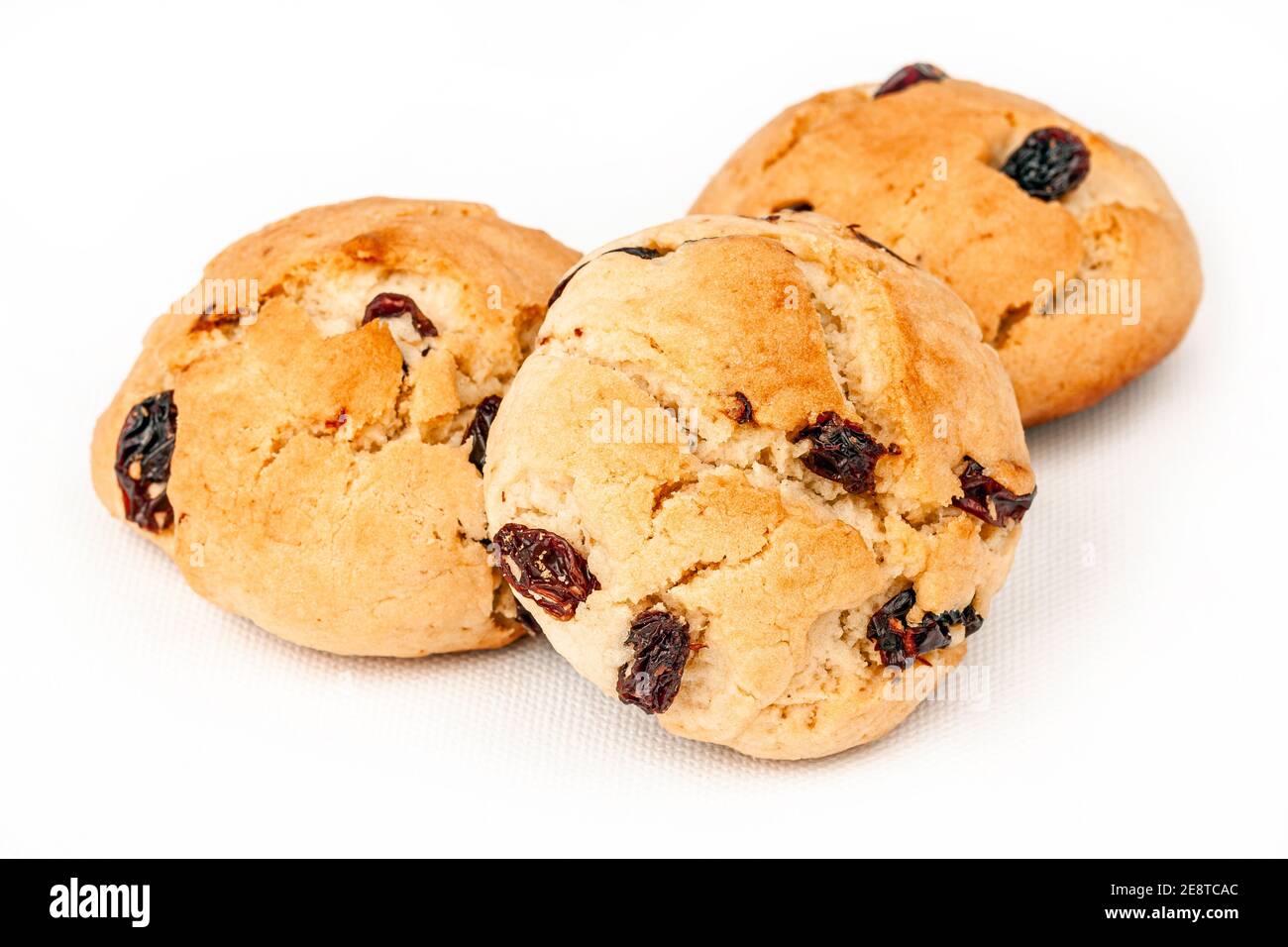 group of plenty raisin cookies on a white background, close-up view Stock Photo