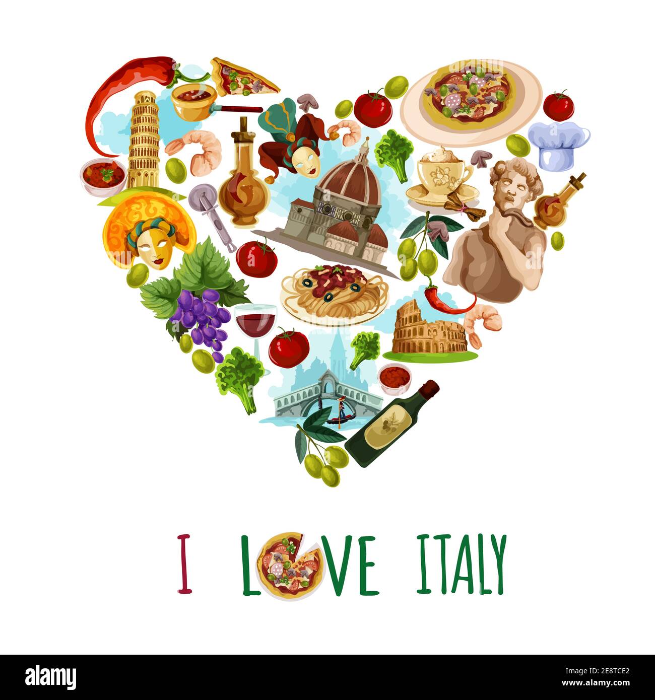 Italy poster with cartoon touristic landmarks in heart shape vector illustration Stock Vector