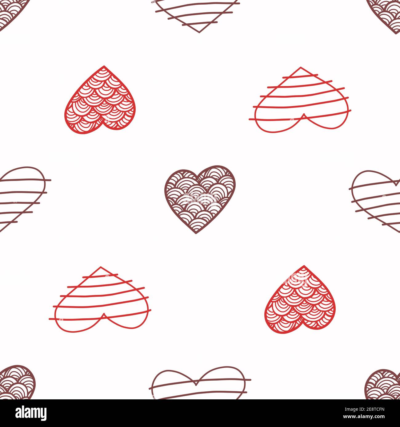 Seamless pattern of doodle hearts with decorations on white background. Love texture on Valentines Day holiday. Vector simple festive wallpaper. Gentl Stock Vector