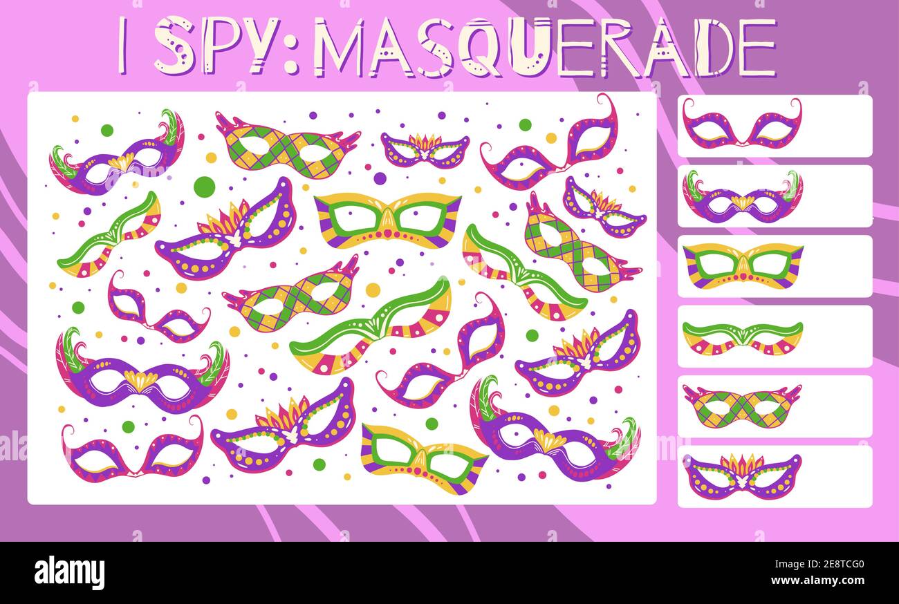 I spy game. Childrens educational fun. Count how many elements. Flat hand drawn cartoon masquerade masks. Mardi Gras holiday. Theater and opera. Vecto Stock Vector