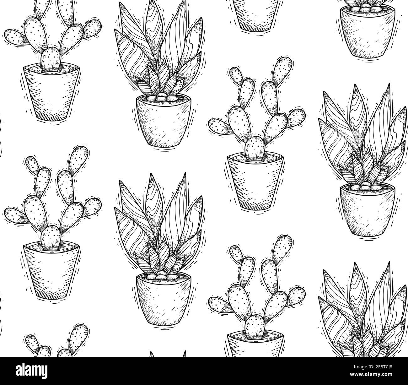 Seamless sketch texture of cactuses in pots with hatching. Fabric with contour homemade flowers. Monochrome wallpaper with various succulents. Hand dr Stock Vector