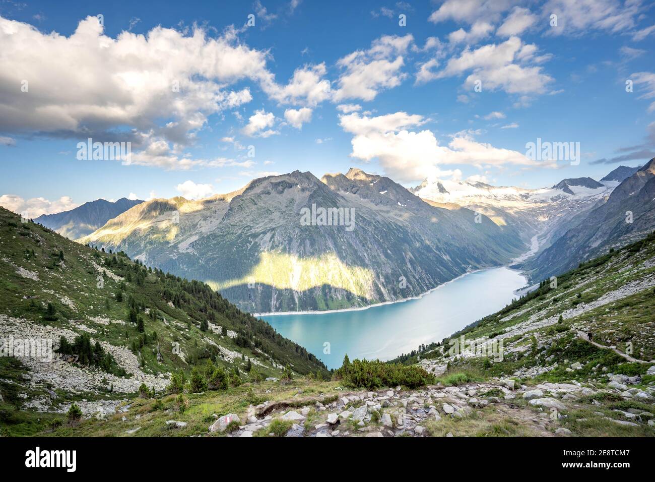 Downward view of Schlegeisspeicher glacier reservoir in zillertal in Austria Stock Photo