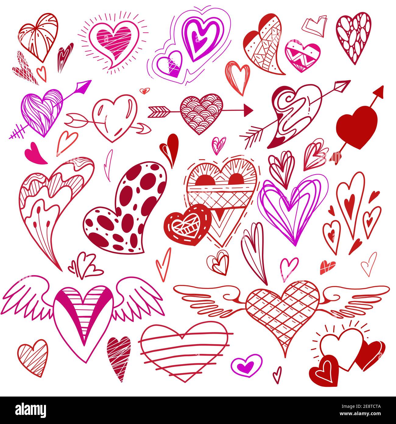 Set of red doodle love hearts with strokes and decoration. Hearts shape with wings and arrows. Valentine s day holiday. Vector scribble elements for c Stock Vector