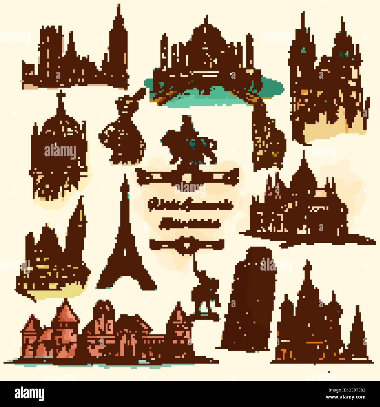 World landmarks sketch colour vintage icons set isolated vector ...