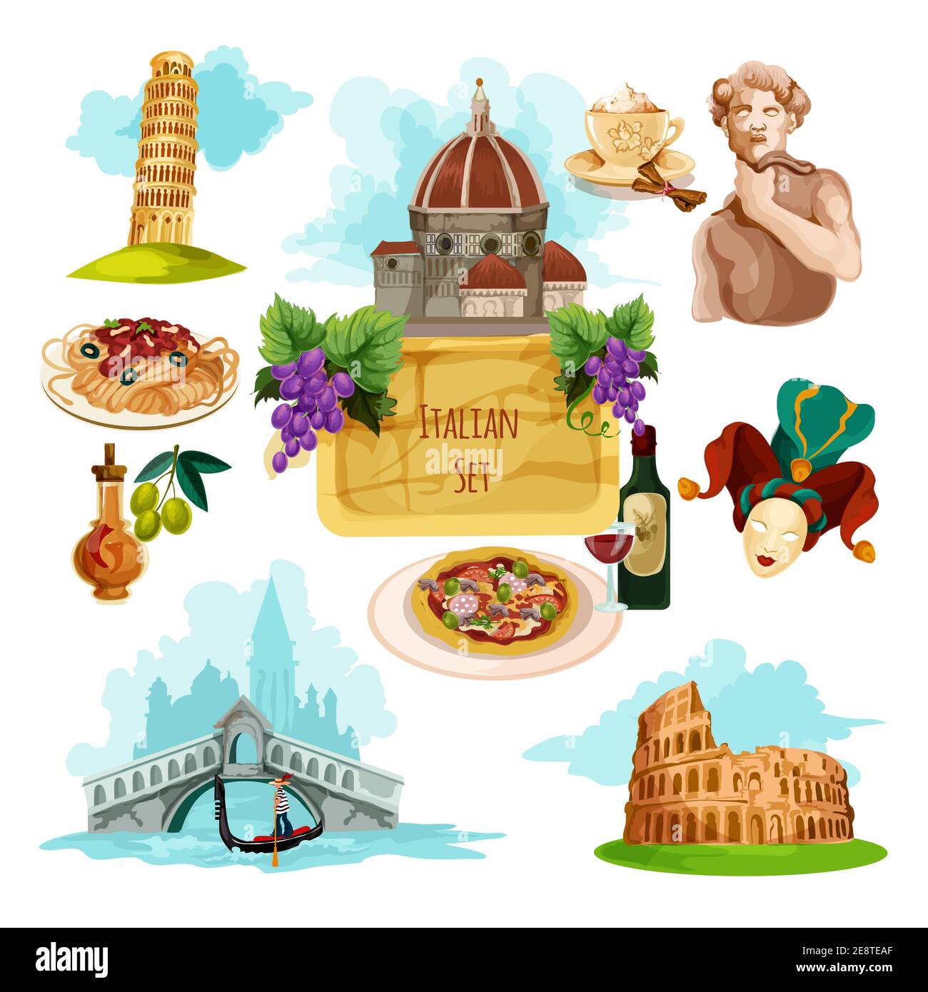 Italy touristic set with cartoon venice gondola rome colloseum and pisa tower icons isolated vector illustration Stock Vector