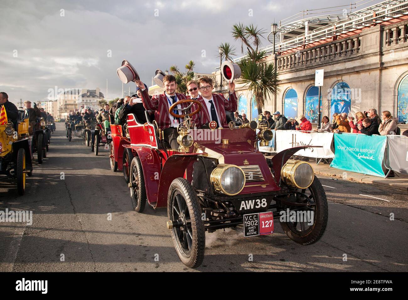 Number 127 a 1902 James & Browne entered by Imperial College on the London to Brighton Veteran car run. 2019 Stock Photo