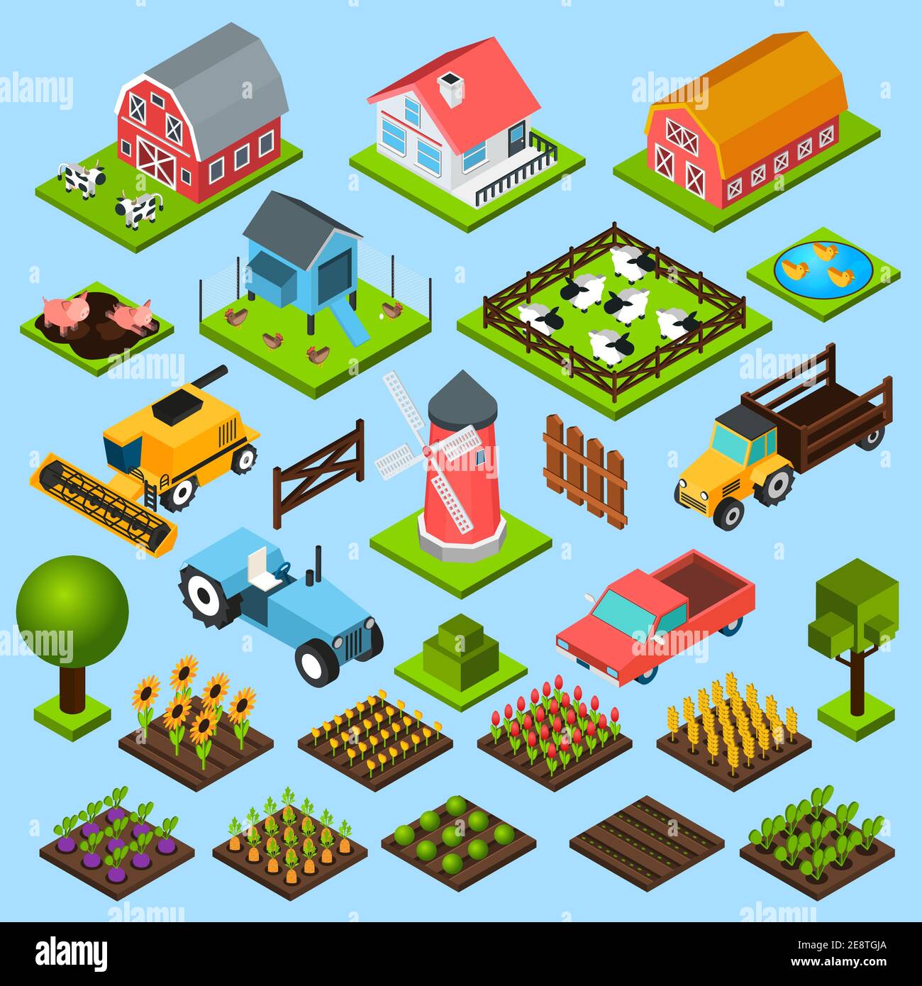 Farm toy blocks modeling mill harvesting combine and chicken house isometric icons set isolated abstract vector illustration Stock Vector