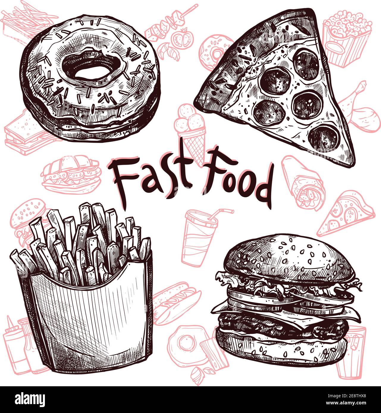 A lot of fast food and drinks sketch set vector illustration Stock Vector