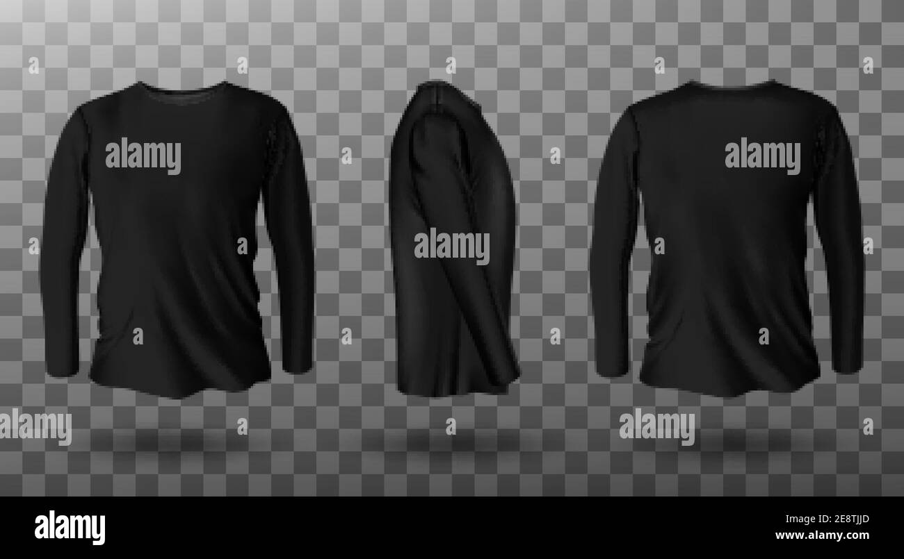 Download Long Sleeve T Shirt For Man Front Side And Back View Vector Realistic Mockup Of Male Black Tee Sweater Sport Or Casual Apparel With Round Neck Iso Stock Vector Image Art