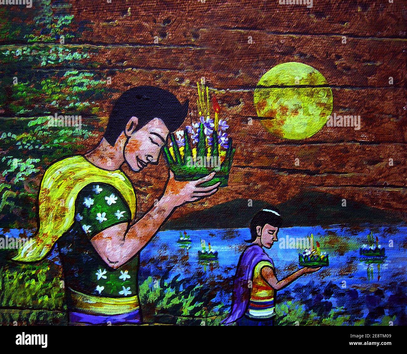 Art ,painting ,Acrylic ,color ,Thai pattern ,Thai land, tradition ,Loy Kratong Festival Stock Photo