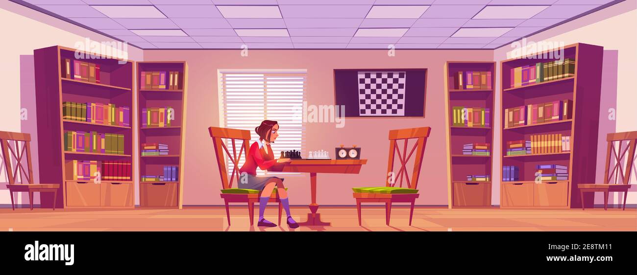 Girl in chess club playing board game, woman play alone with herself  prepare for intelligence tournament thinking at chessboard with timer in  room interior with bookshelves Cartoon vector illustration Stock Vector  Image