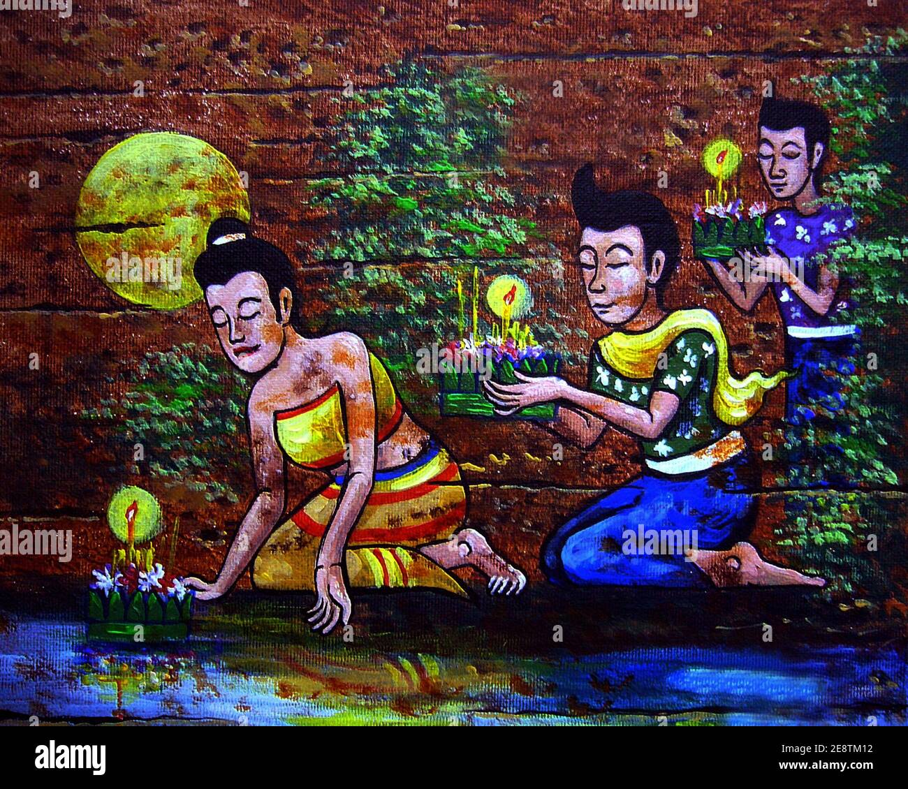 Art ,painting ,Acrylic ,color ,Thai pattern ,Thai land, tradition ,Loy Kratong Festival Stock Photo