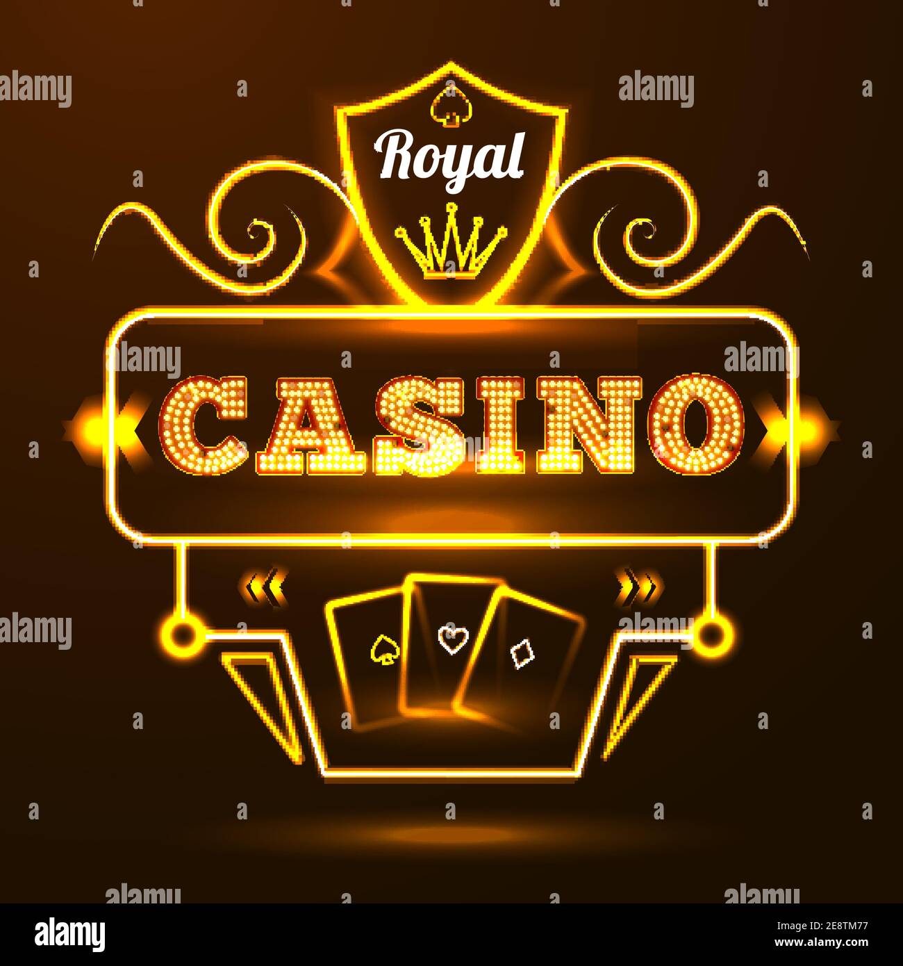 Gold neon light illuminated sign casino entrance with cards and crown elements vector illustration Stock Vector