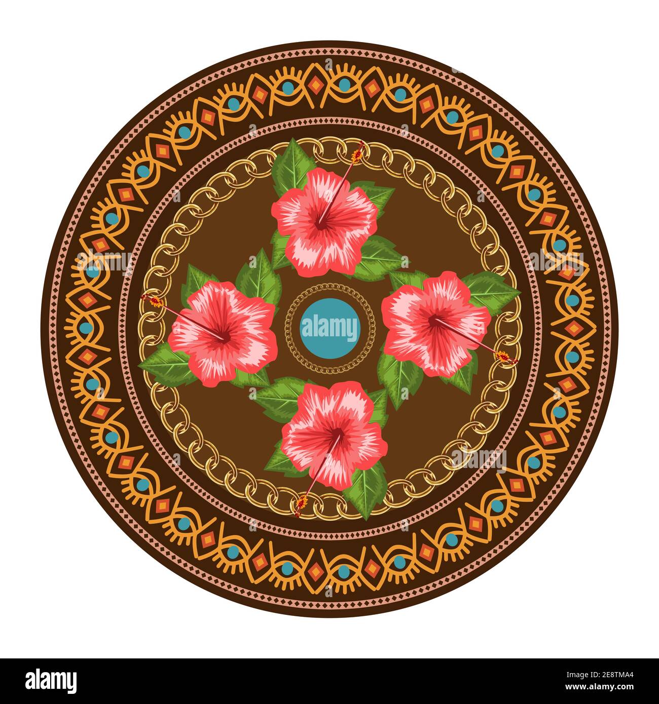 Decorative plate with round ornament in ethnic tribal symbols style