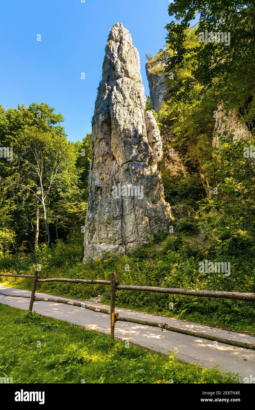 Iglica limestone rock known as Spire or Needle in Bedkowska Valley within Jura Krakowsko-Czestochowska upland near Cracow in Lesser Poland Stock Photo
