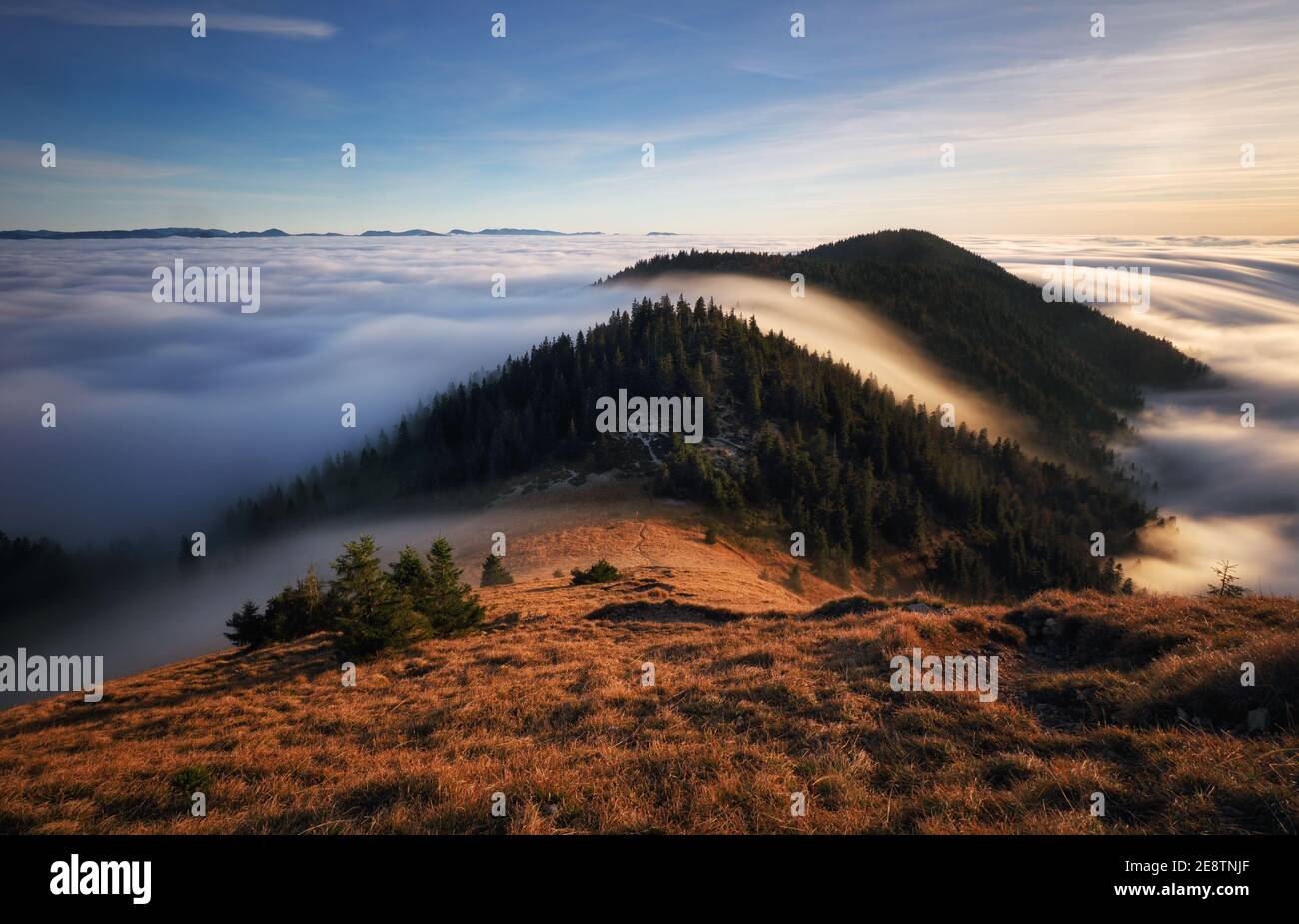 Sunset in a Carpathian mountain valley with wonderful gold light on a hills Stock Photo