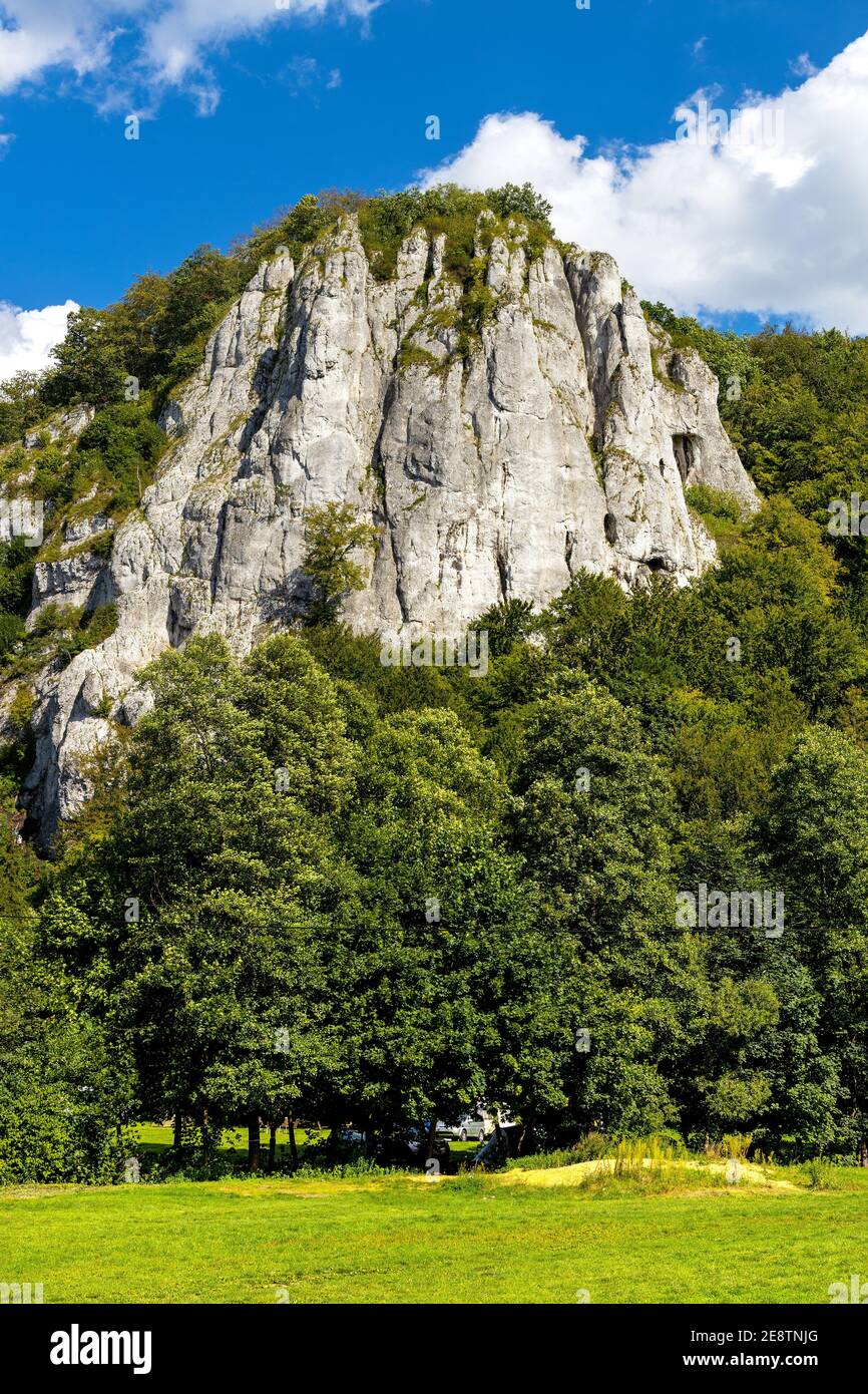Sokolica mountain limestone peak in Bedkowska Valley within Jura Krakowsko-Czestochowska upland near Cracow in Lesser Poland Stock Photo