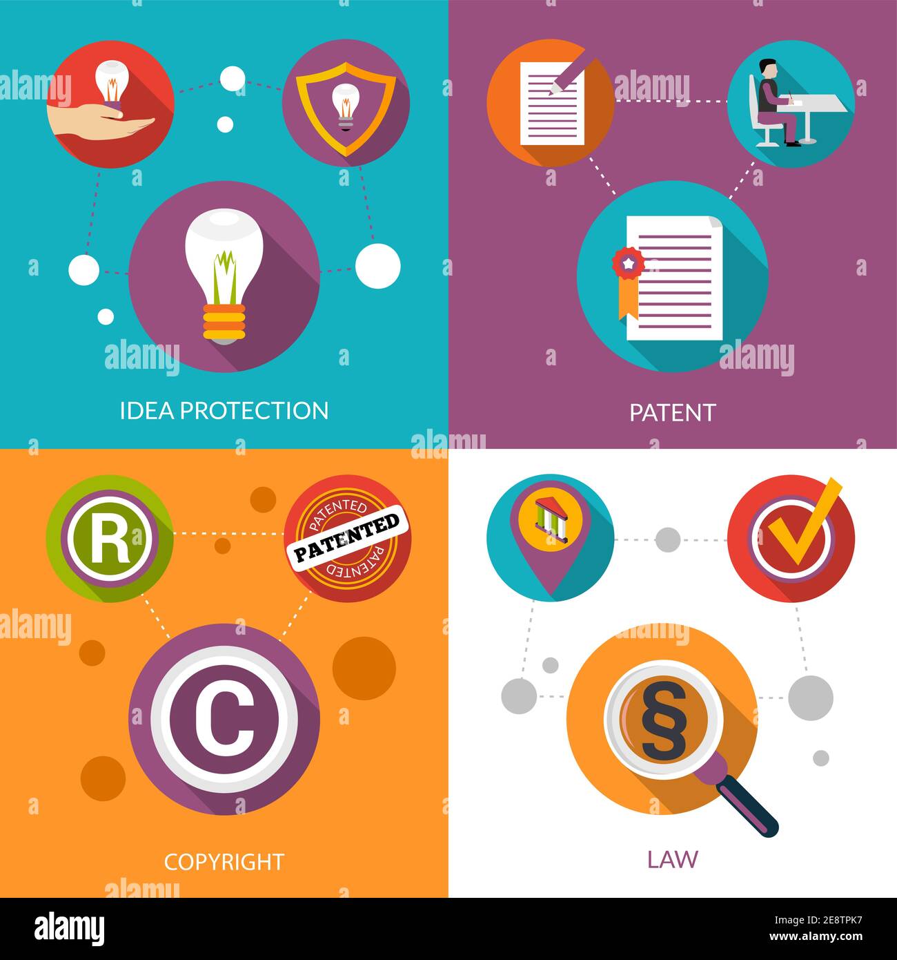 Patent idea protection design concept set with copyright and law flat icons isolated vector illustration Stock Vector