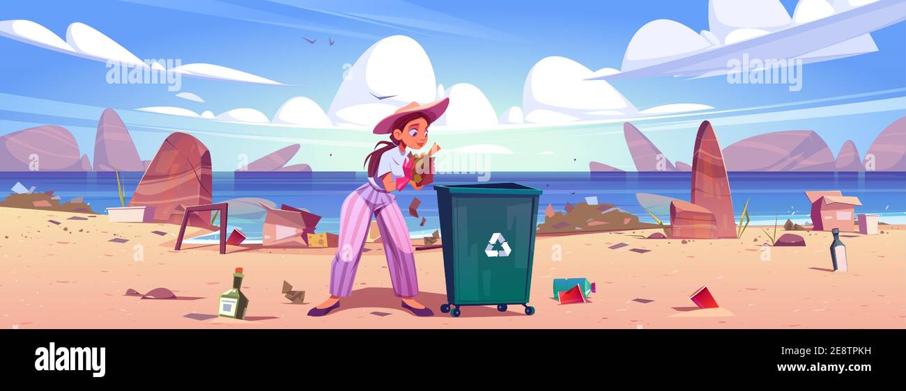 Woman collects trash to garbage bin on sea beach. Concept of environmental problems, ecology and ocean pollution. Vector cartoon illustration of volunteer clean up waste for recycle on sea coast Stock Vector