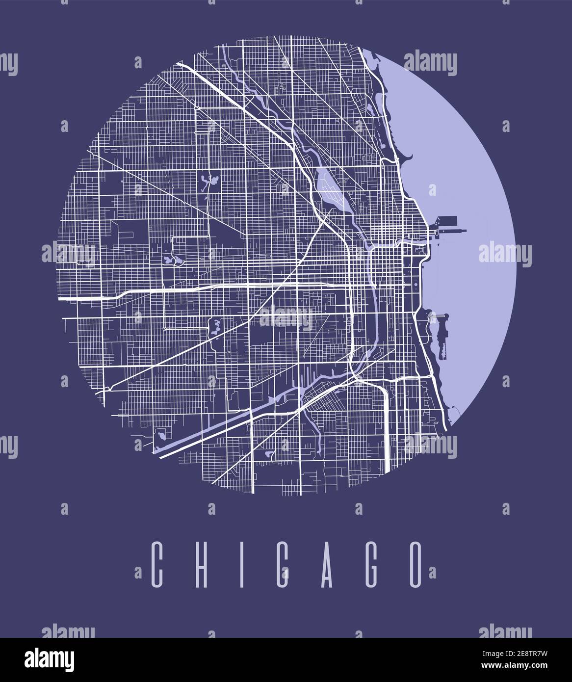 Chicago map poster. Decorative design street map of Chicago city. Cityscape aria panorama silhouette aerial view, typography style. Land, river, highw Stock Vector
