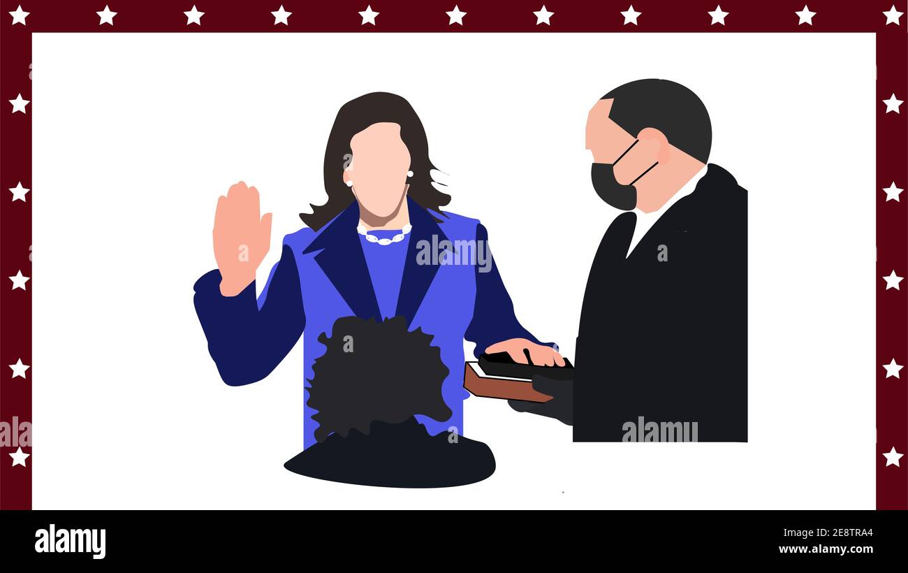 Kamala Harris taking oath by placing hands on bible and sworn in as First lady Vice President of US Stock Photo