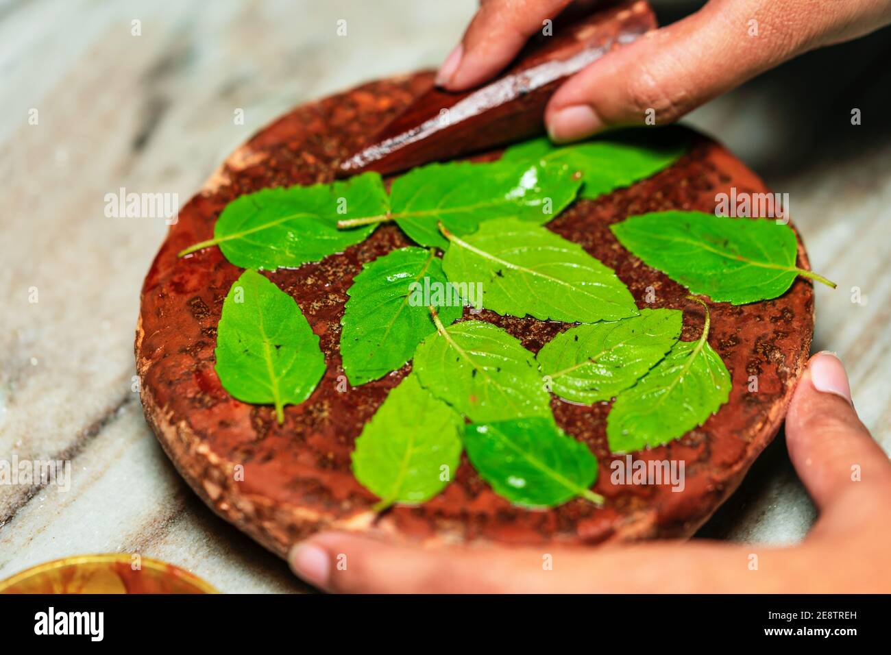Hindu Puja ritual preparation background. Closeup image of sandalwood