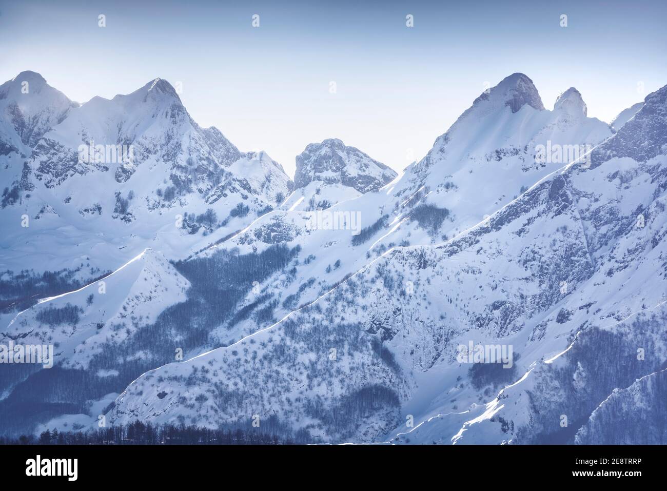 Apuane alpi or Apuan alps snowy mountains in winter. Garfagnana, Tuscany, Italy. Stock Photo