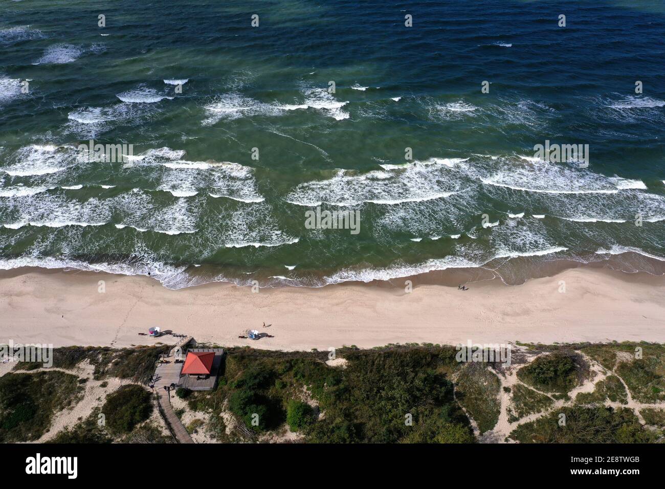 Baltic Sea beach in Curonian Spit national park, aerial Stock Photo