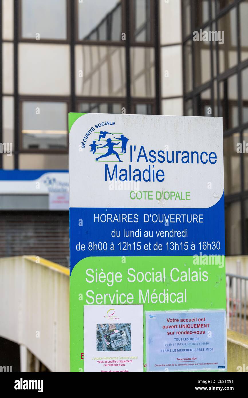 Calais, France - January 13,2020  : Social security sign . Illness branch called Assurance Maladie is one of the four branches with retirement, family Stock Photo