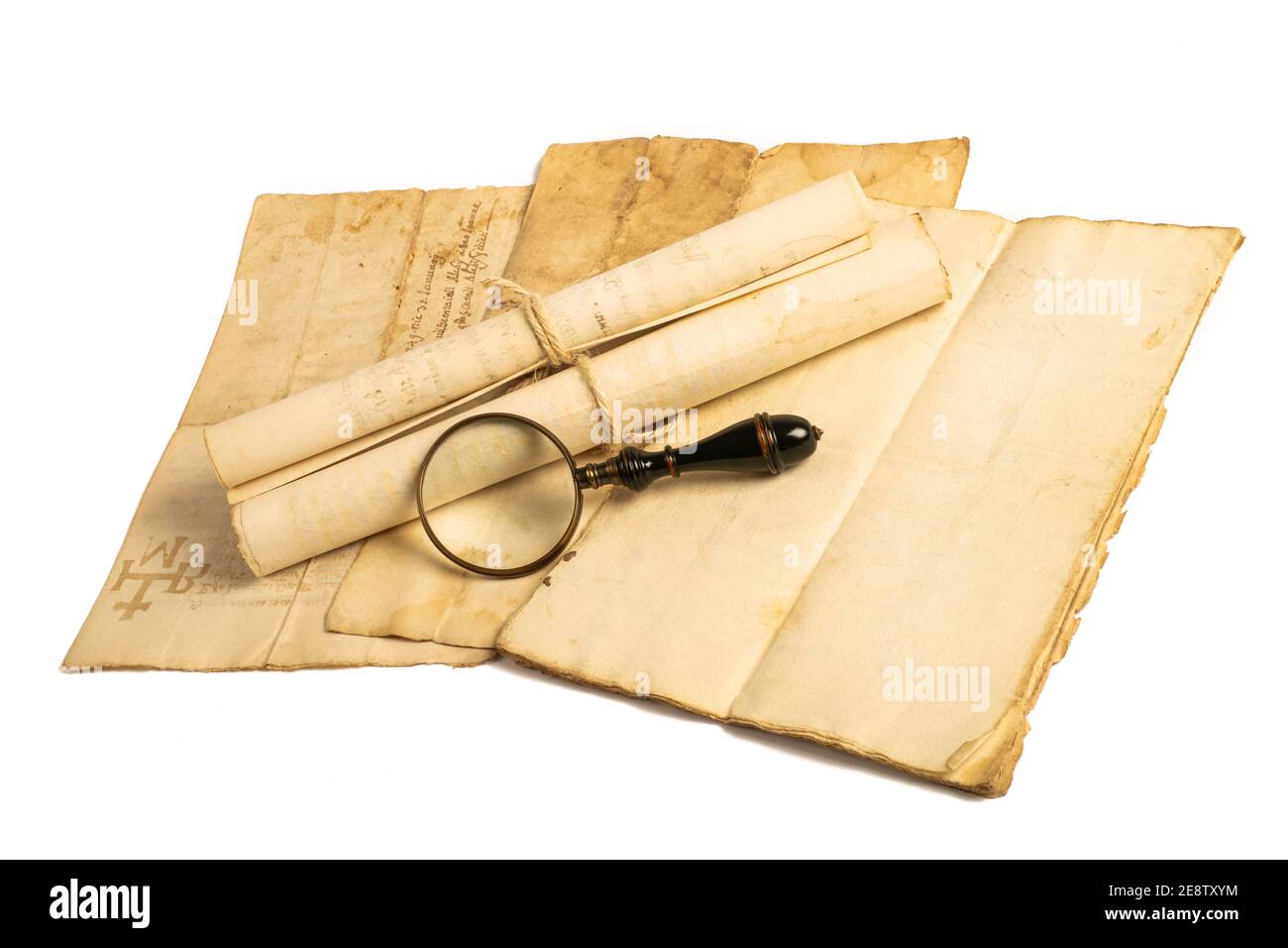 Magnifying glass with old sheets isolated on white background Stock ...